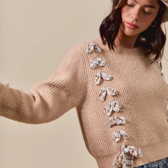 SO ME Checkered Plaid Tape Lace Up Ribbed‎ Sweater - Picture 12 of 16